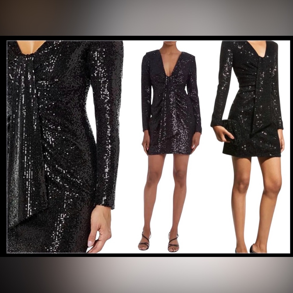 One 33 Social-Black Sequin Ruched Long Sleeve Bodycon Dress